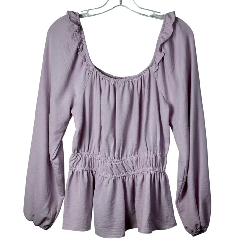 Nine West Long Sleeve Peplum Blouse Top Ruffle Neck Gathered Waist Lavender SZ M